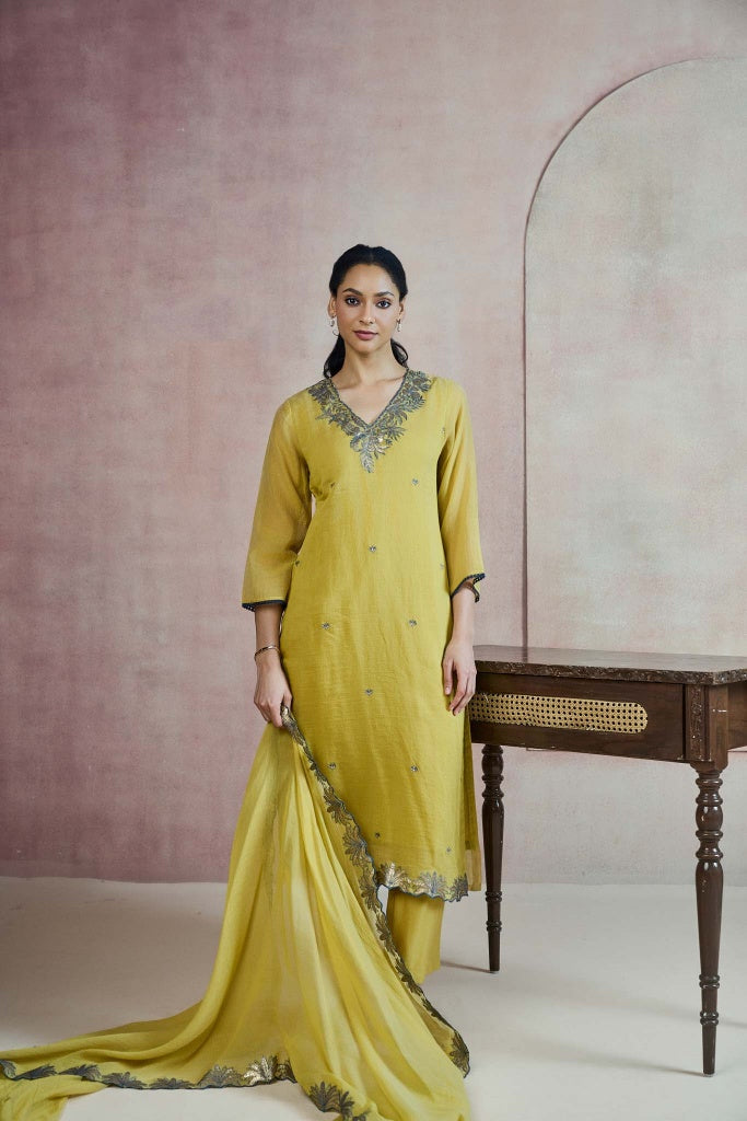 Mustard Green Mul Chanderi Kurta Set with Floral Zari Embroidery