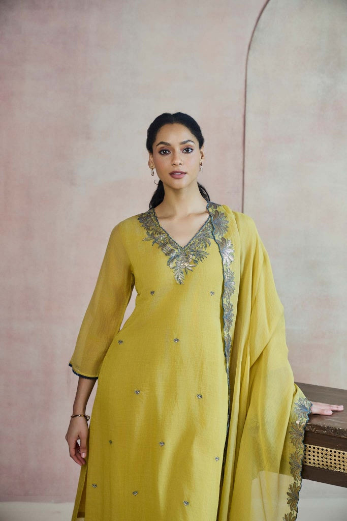 Mustard Green Mul Chanderi Kurta Set with Floral Zari Embroidery