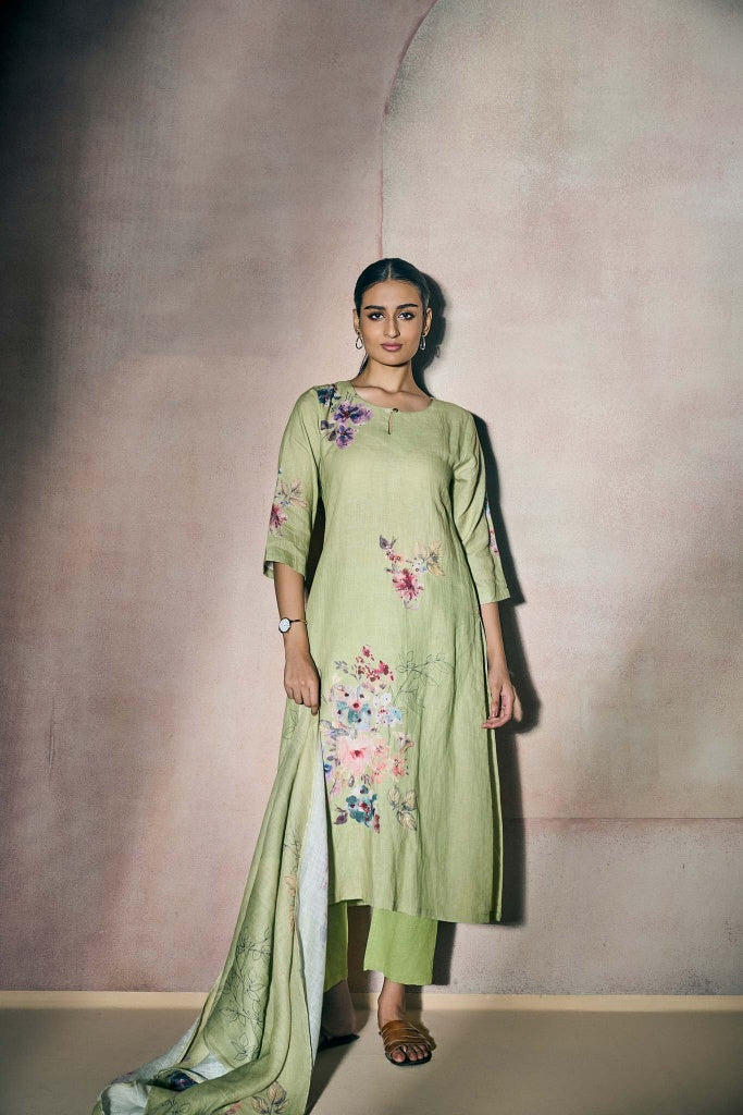 Pistachio Green Linen Kurta Set with Watercolor Floral Print