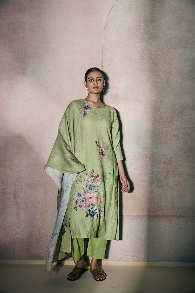 Pistachio Green Linen Kurta Set with Watercolor Floral Print