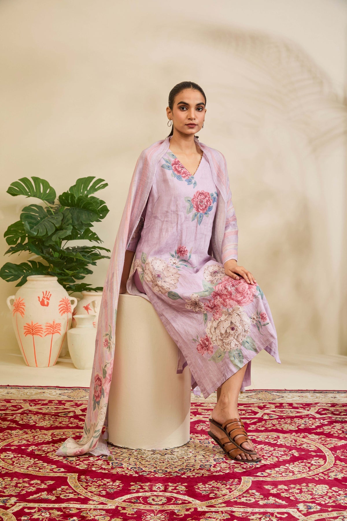 Lilac Linen Kurta Set with Rose Floral Print