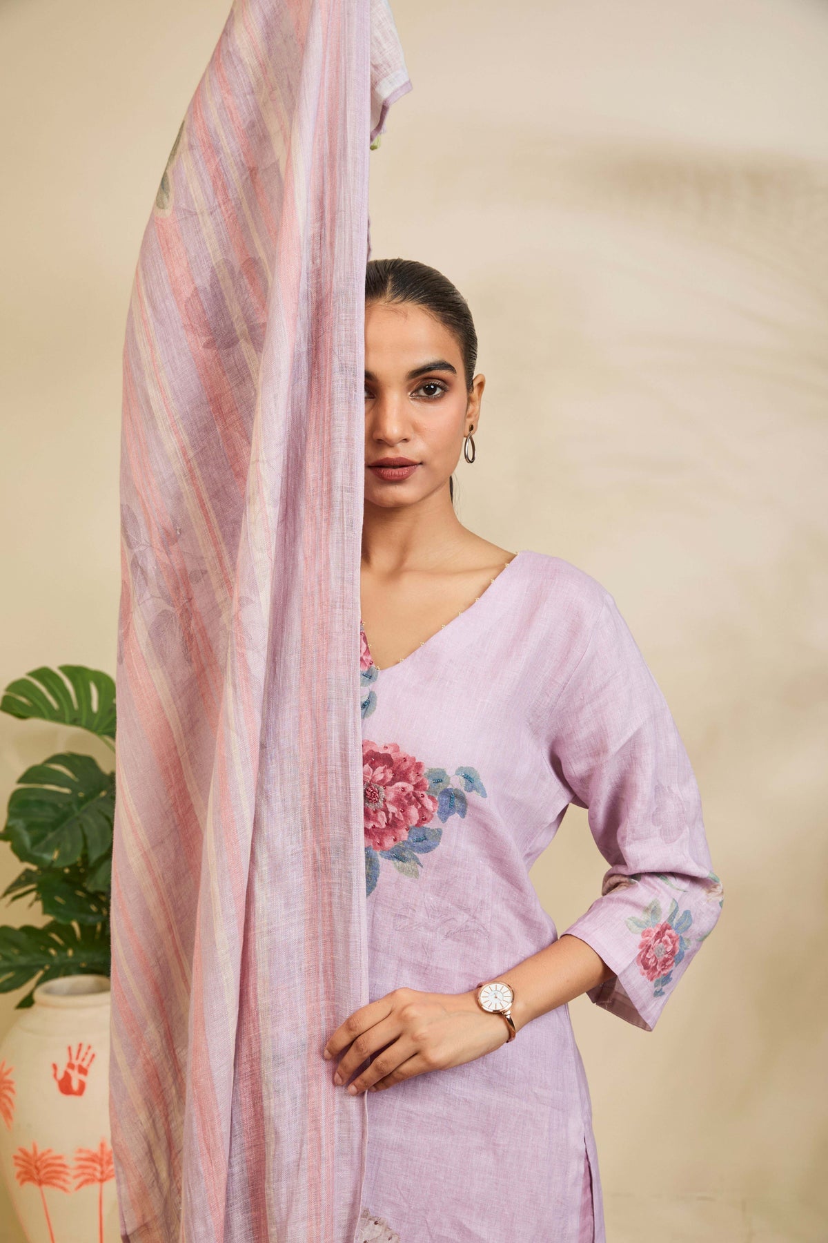 Lilac Linen Kurta Set with Rose Floral Print