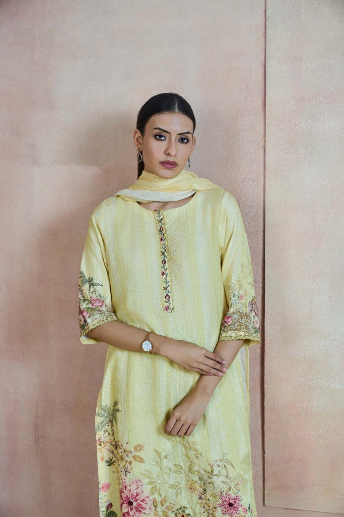 Butter Yellow Linen Kurta Set with Floral Border Print