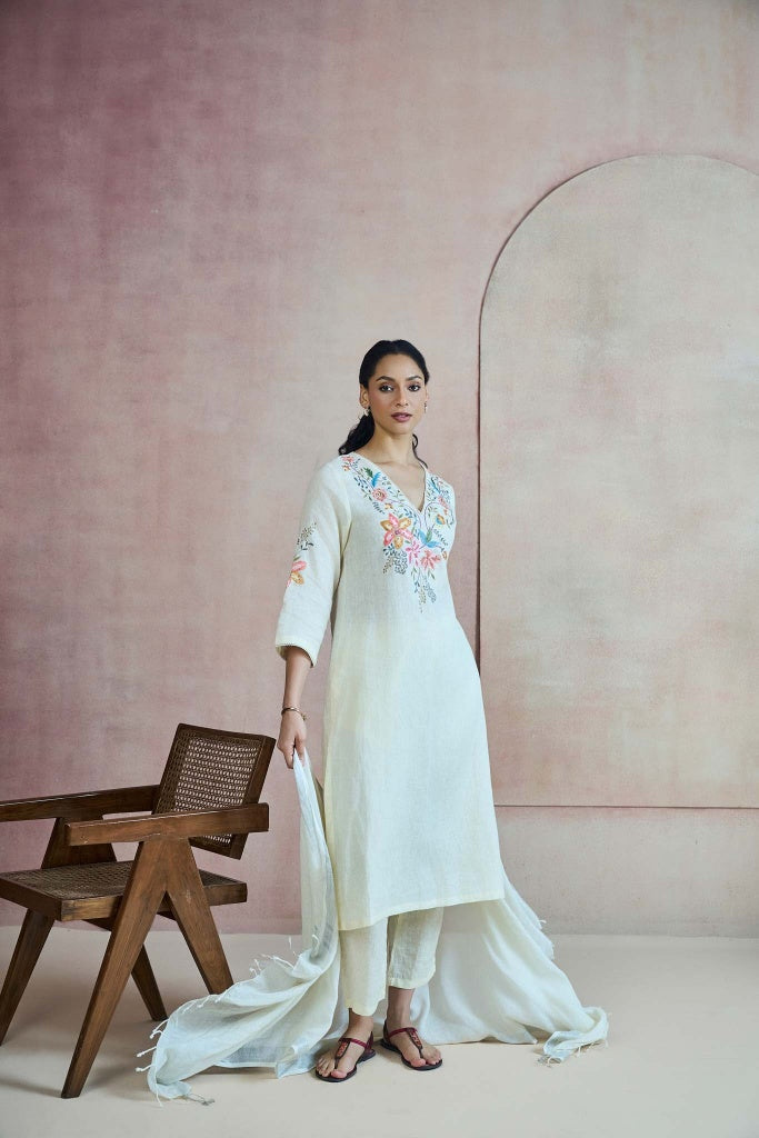 Ivory Linen Kurta Set with Multicolor Floral Thread Embroidery