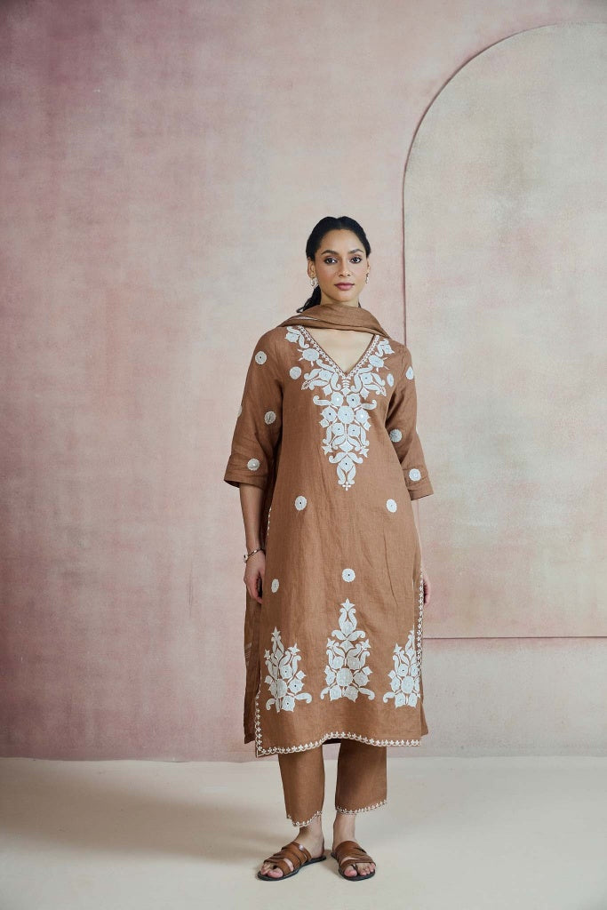 Tobacco Brown Linen Kurta Set with Thread Embroidery and Appliqué