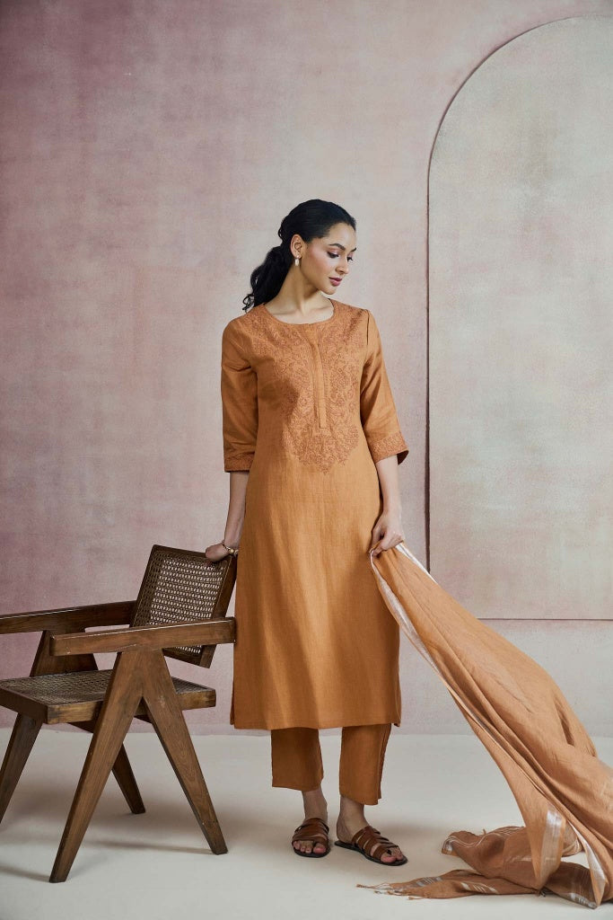 Burnt Ochre Linen Kurta Set with Self Thread Embroidery