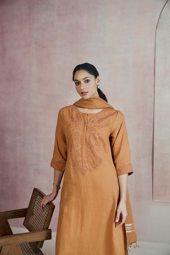 Burnt Ochre Linen Kurta Set with Self Thread Embroidery