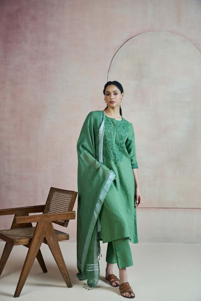 Sage Green Linen Kurta Set with Self Thread Embroidery