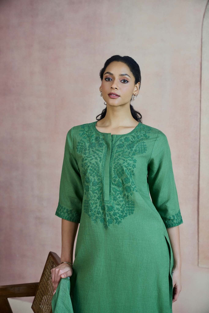 Sage Green Linen Kurta Set with Self Thread Embroidery