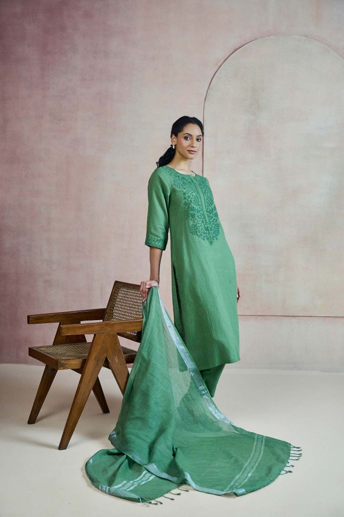 Sage Green Linen Kurta Set with Self Thread Embroidery