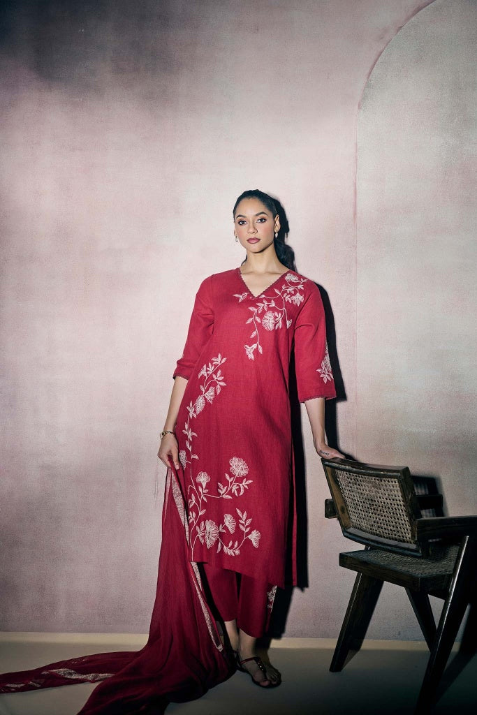Cherry Red Linen Kurta Set with Ivory Thread Embroidery