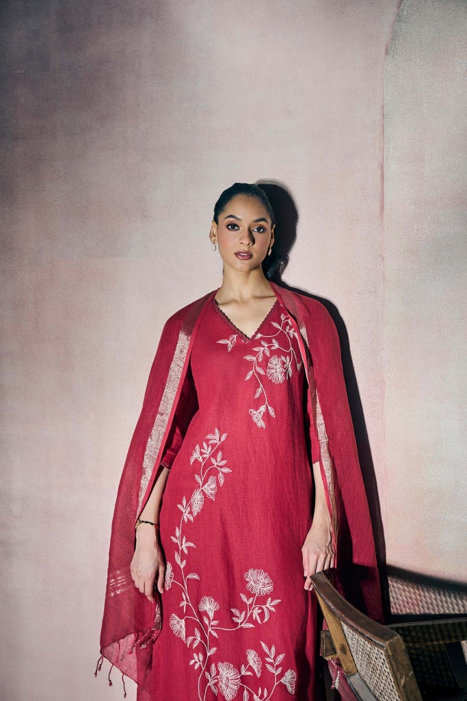 Cherry Red Linen Kurta Set with Ivory Thread Embroidery
