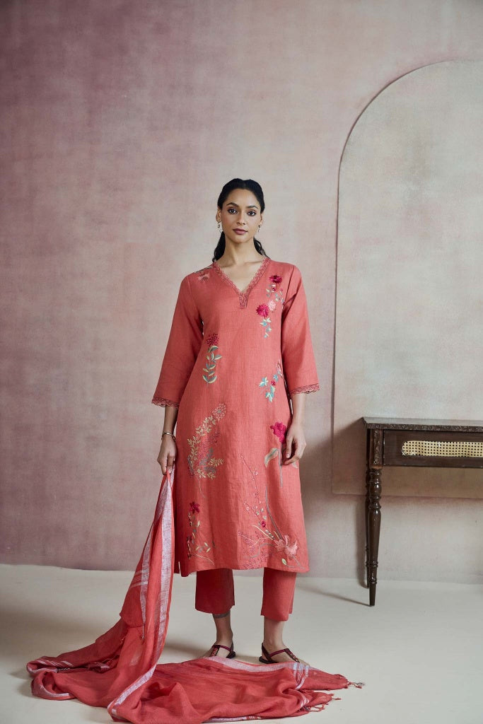 Coral Rust Linen Kurta Set with Multicolour Thread Embroidery
