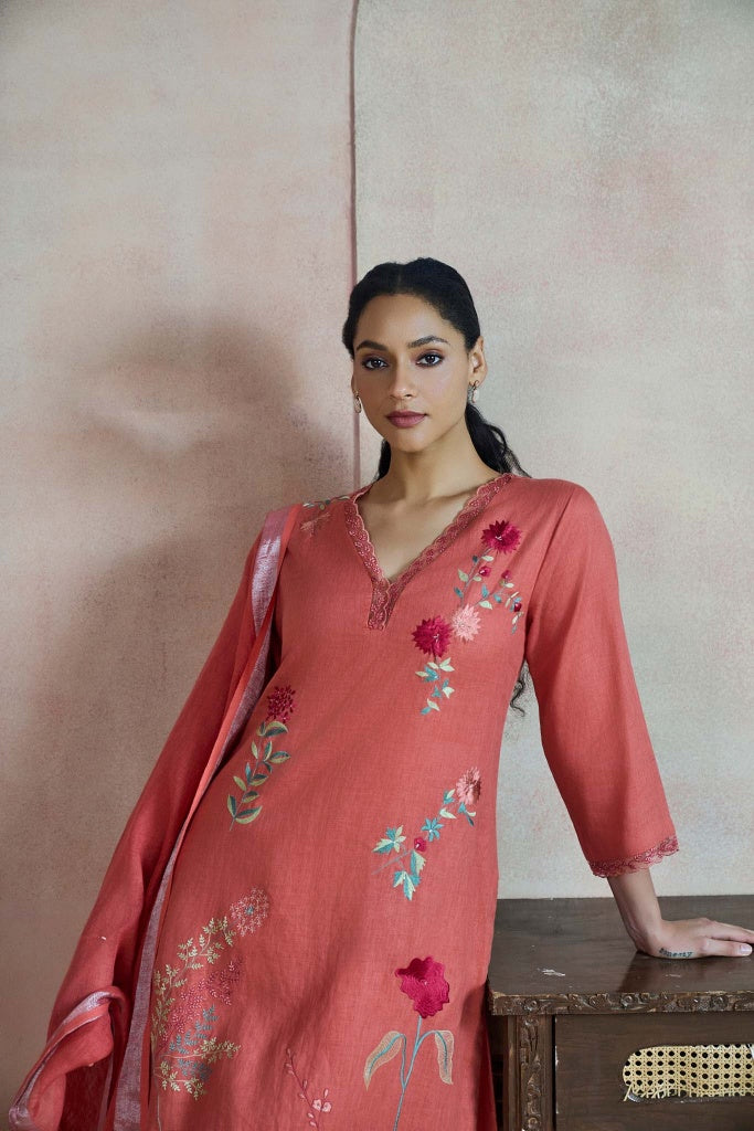 Coral Rust Linen Kurta Set with Multicolour Thread Embroidery