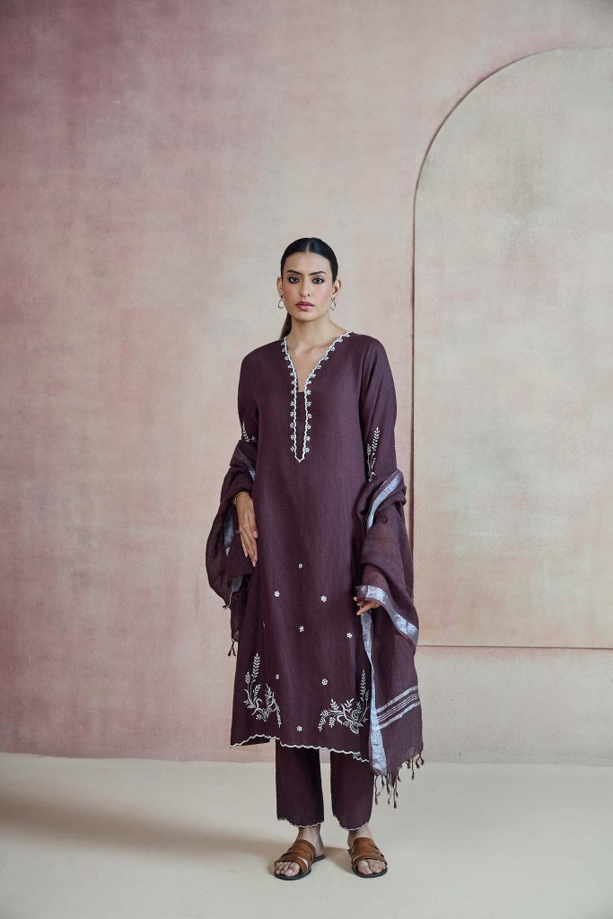 Deep Mulberry Linen Kurta Set with Ivory Thread Embroidery