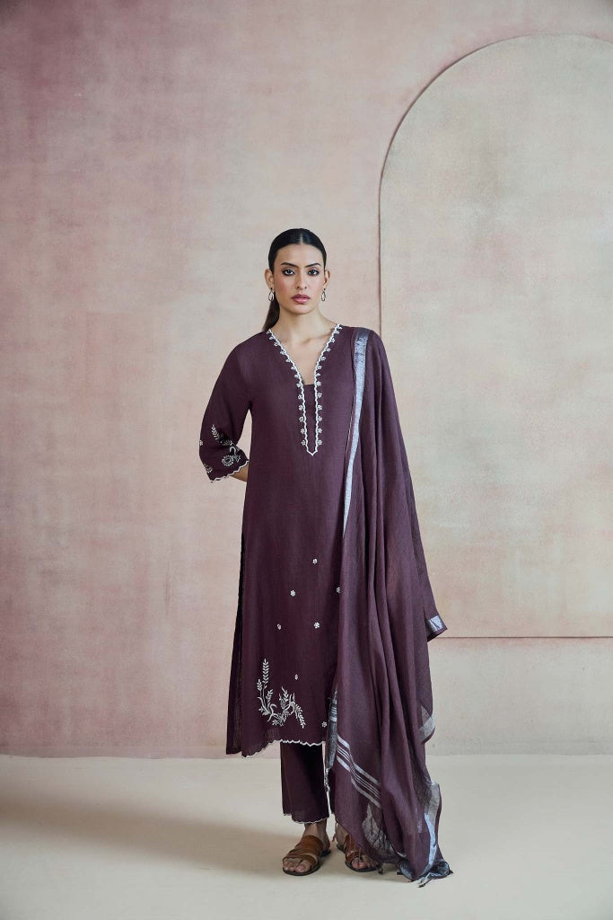 Deep Mulberry Linen Kurta Set with Ivory Thread Embroidery