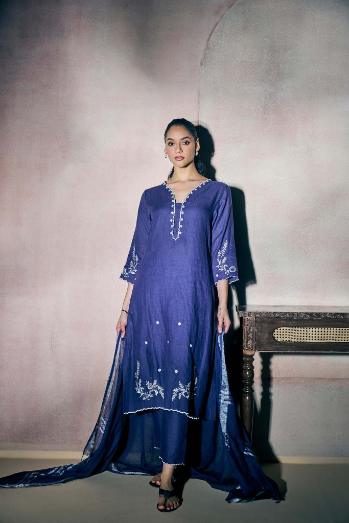 Indigo Blue Linen Kurta Set with Ivory Thread Embroidery