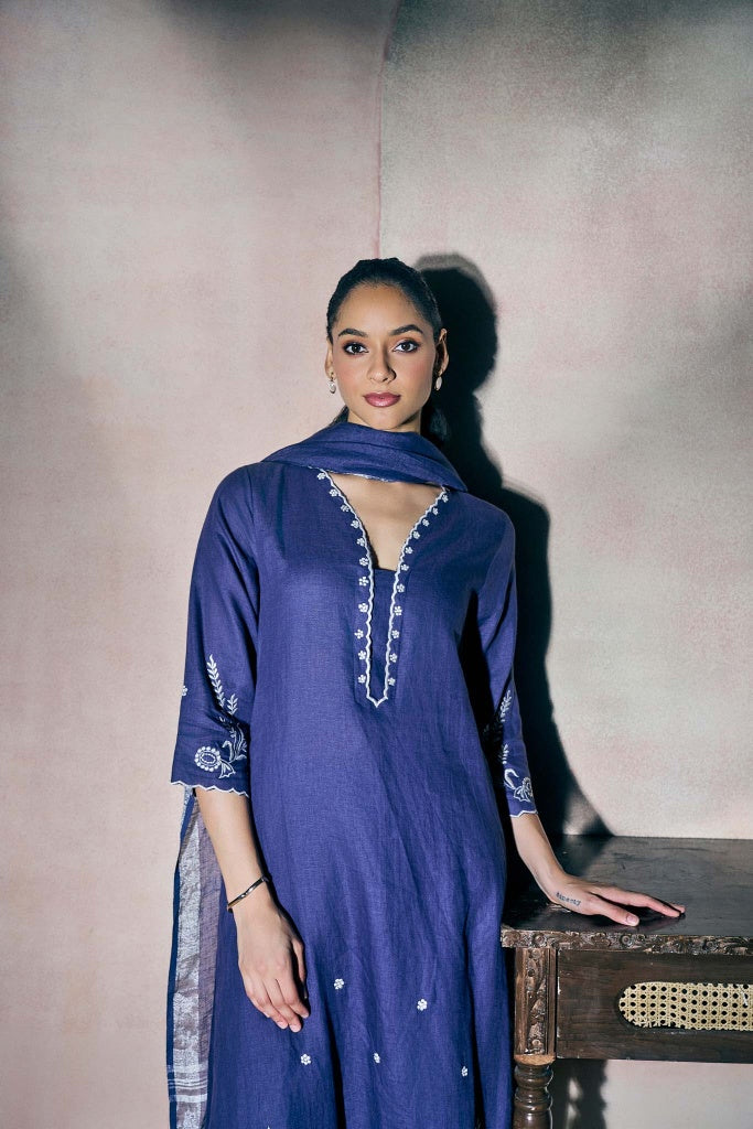 Indigo Blue Linen Kurta Set with Ivory Thread Embroidery