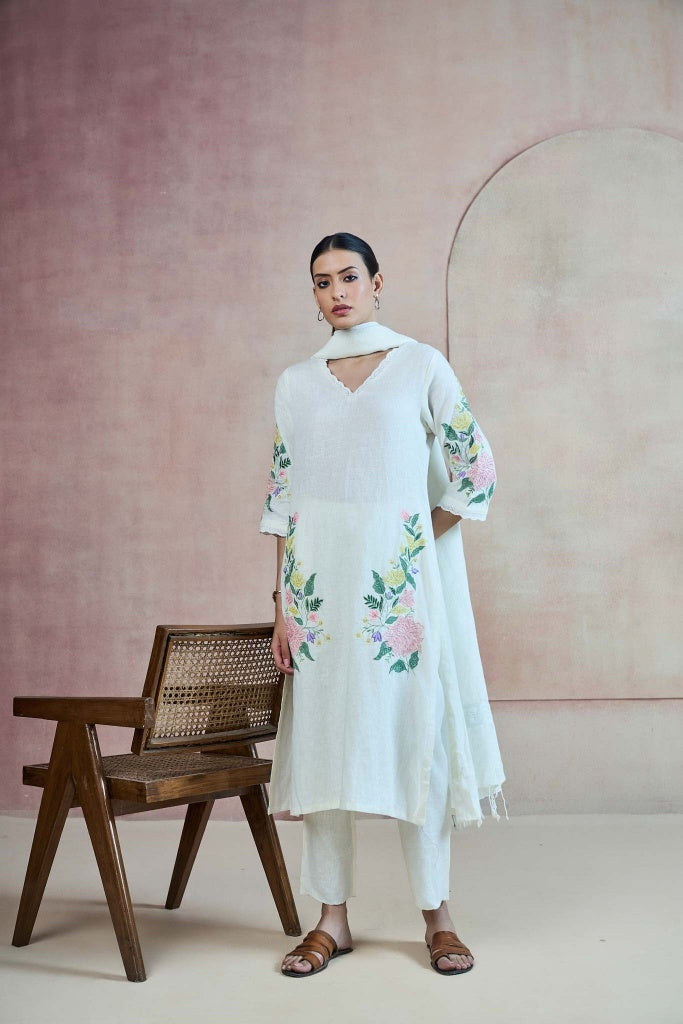 Ivory Linen Kurta Set with Floral Print and Thread Embroidery