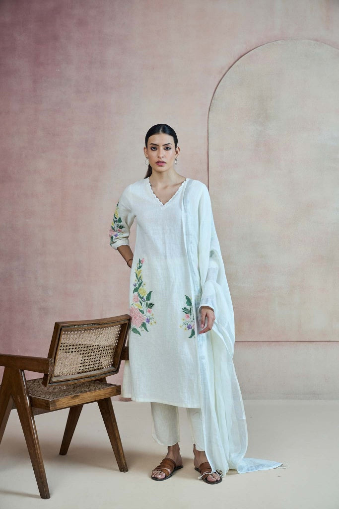 Ivory Linen Kurta Set with Floral Print and Thread Embroidery