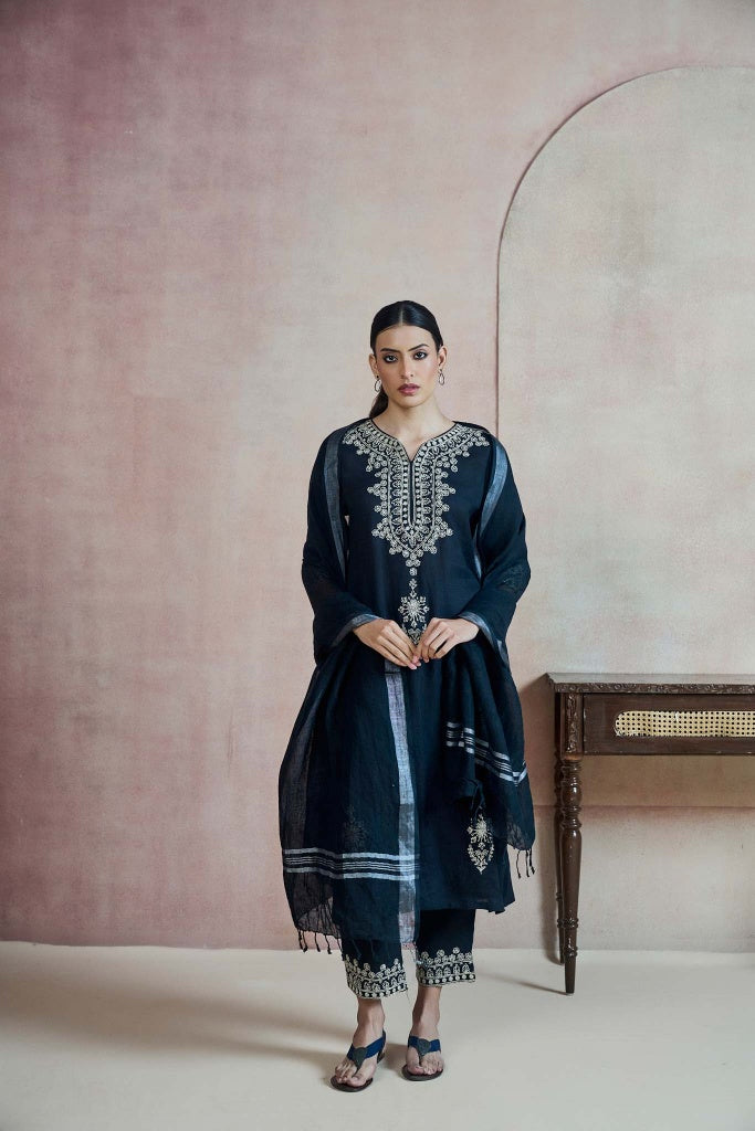 Midnight Navy Linen Kurta Set with Ivory Thread Embroidery