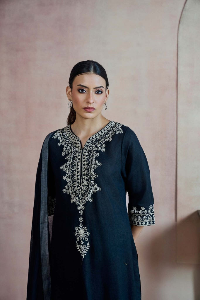 Midnight Navy Linen Kurta Set with Ivory Thread Embroidery