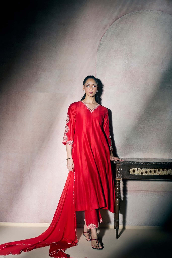 Scarlet Red Silk Kurta Set with Ivory Embroidered Detailing