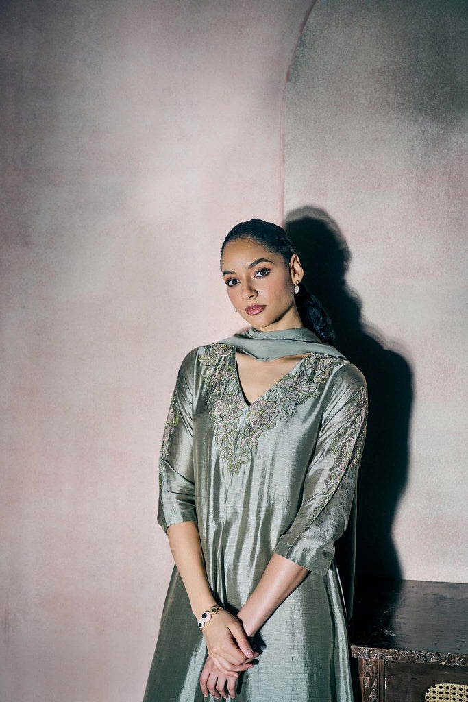 Sage Silver Silk Kurta Set with Floral Embroidery