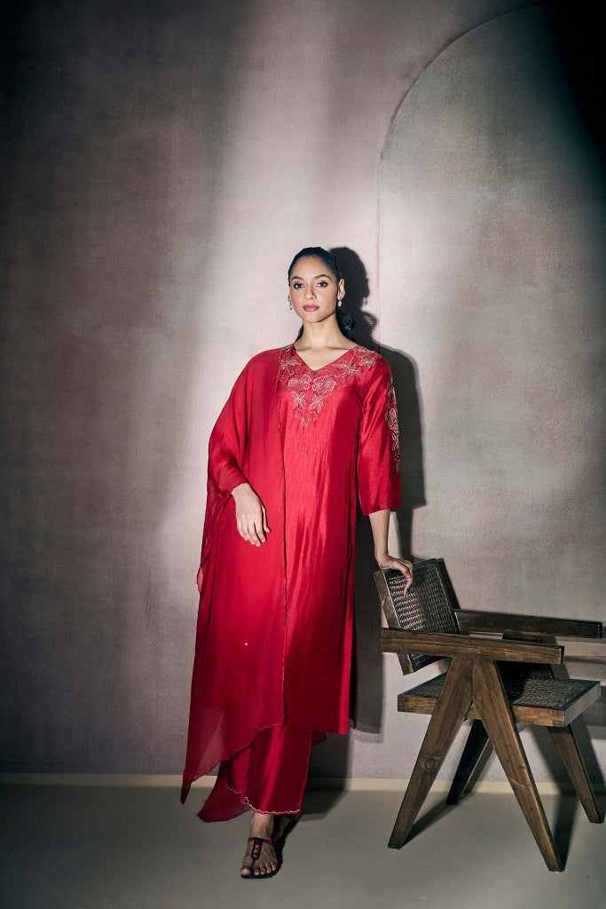 Crimson Red Silk Kurta Set with Floral Embroidery