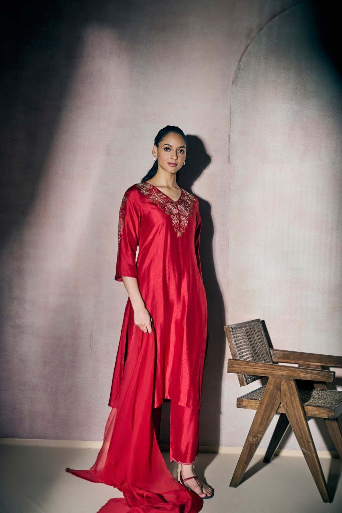 Crimson Red Silk Kurta Set with Floral Embroidery