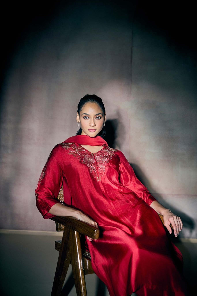 Crimson Red Silk Kurta Set with Floral Embroidery