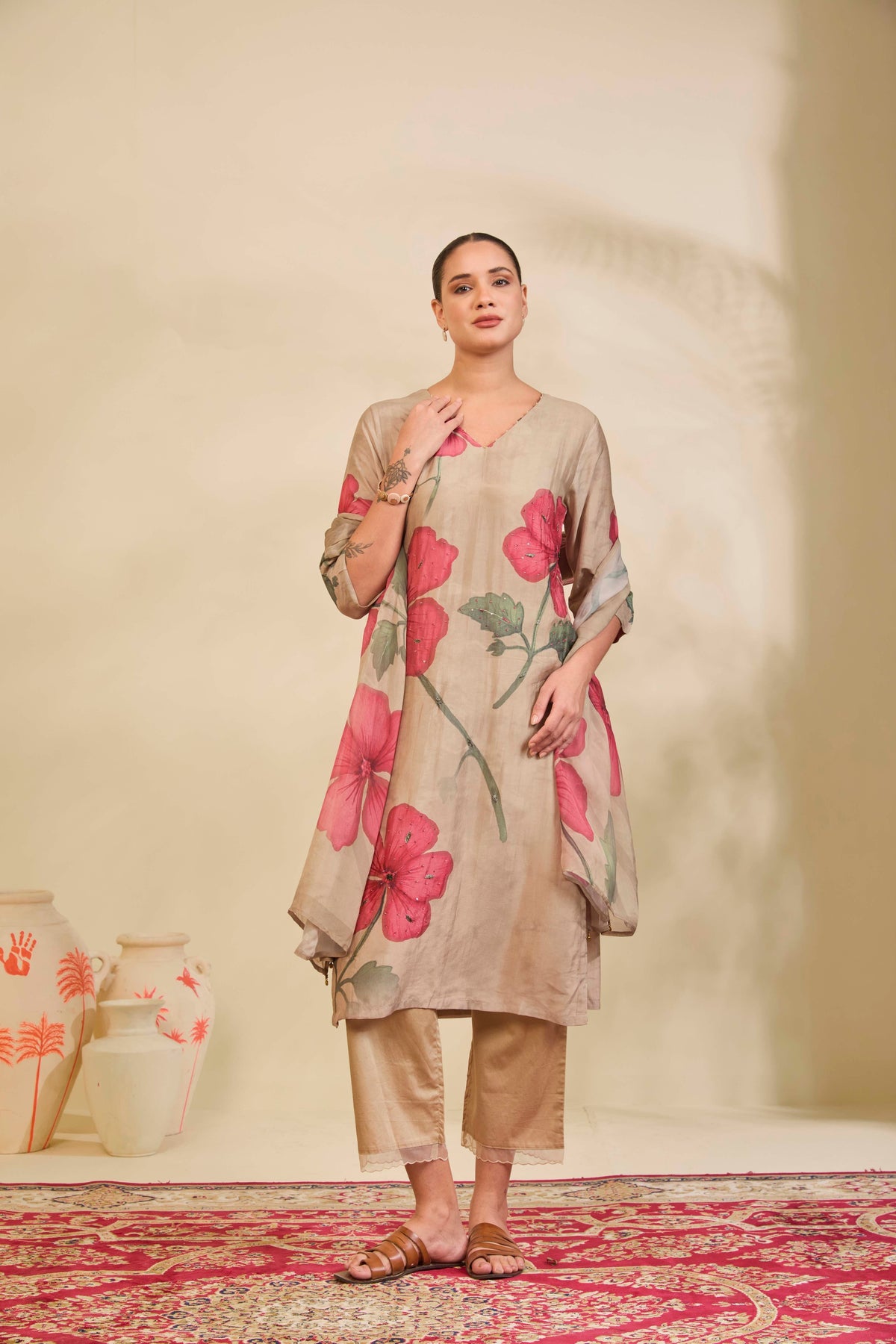 Beige Muslin Kurta Set with Rose Floral Print