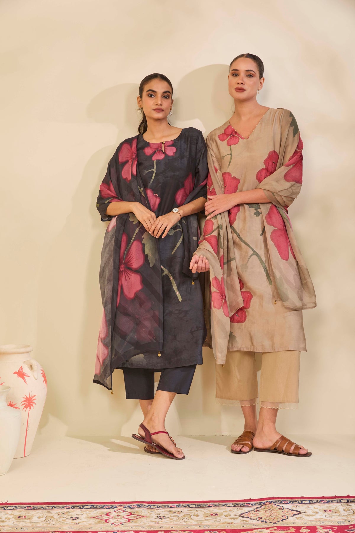 Beige Muslin Kurta Set with Rose Floral Print