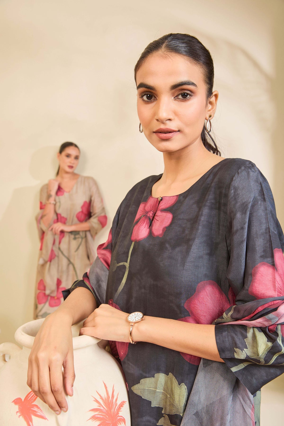 Charcoal Grey Muslin Kurta Set with Rose Floral Print