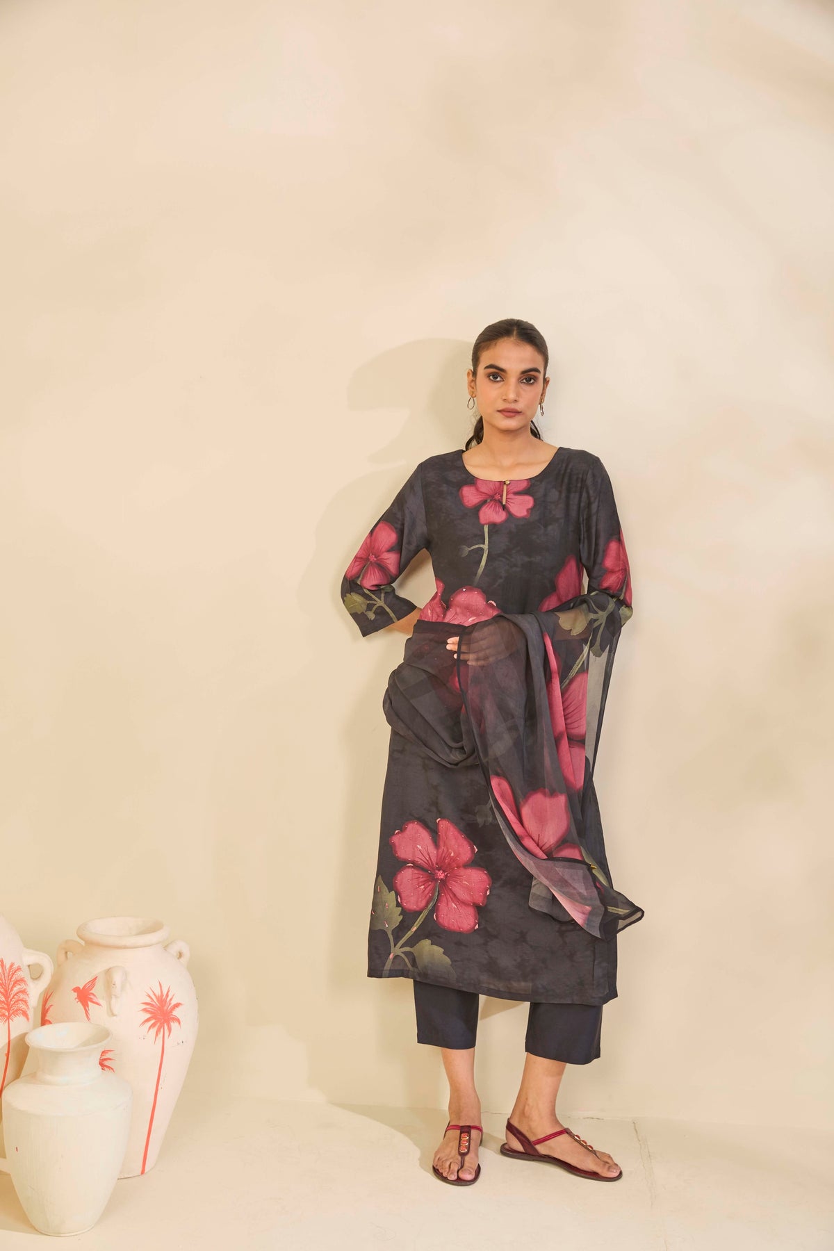 Charcoal Grey Muslin Kurta Set with Rose Floral Print
