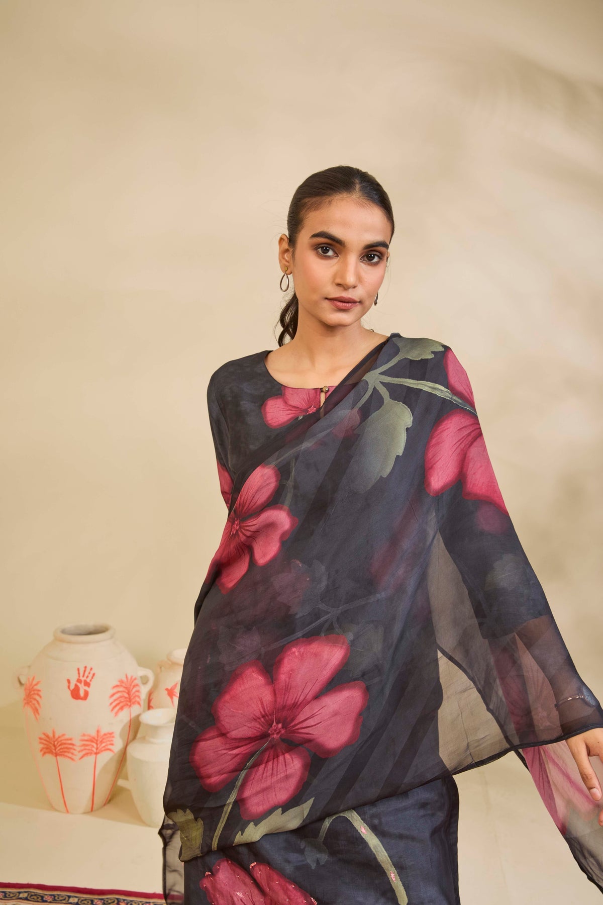 Charcoal Grey Muslin Kurta Set with Rose Floral Print