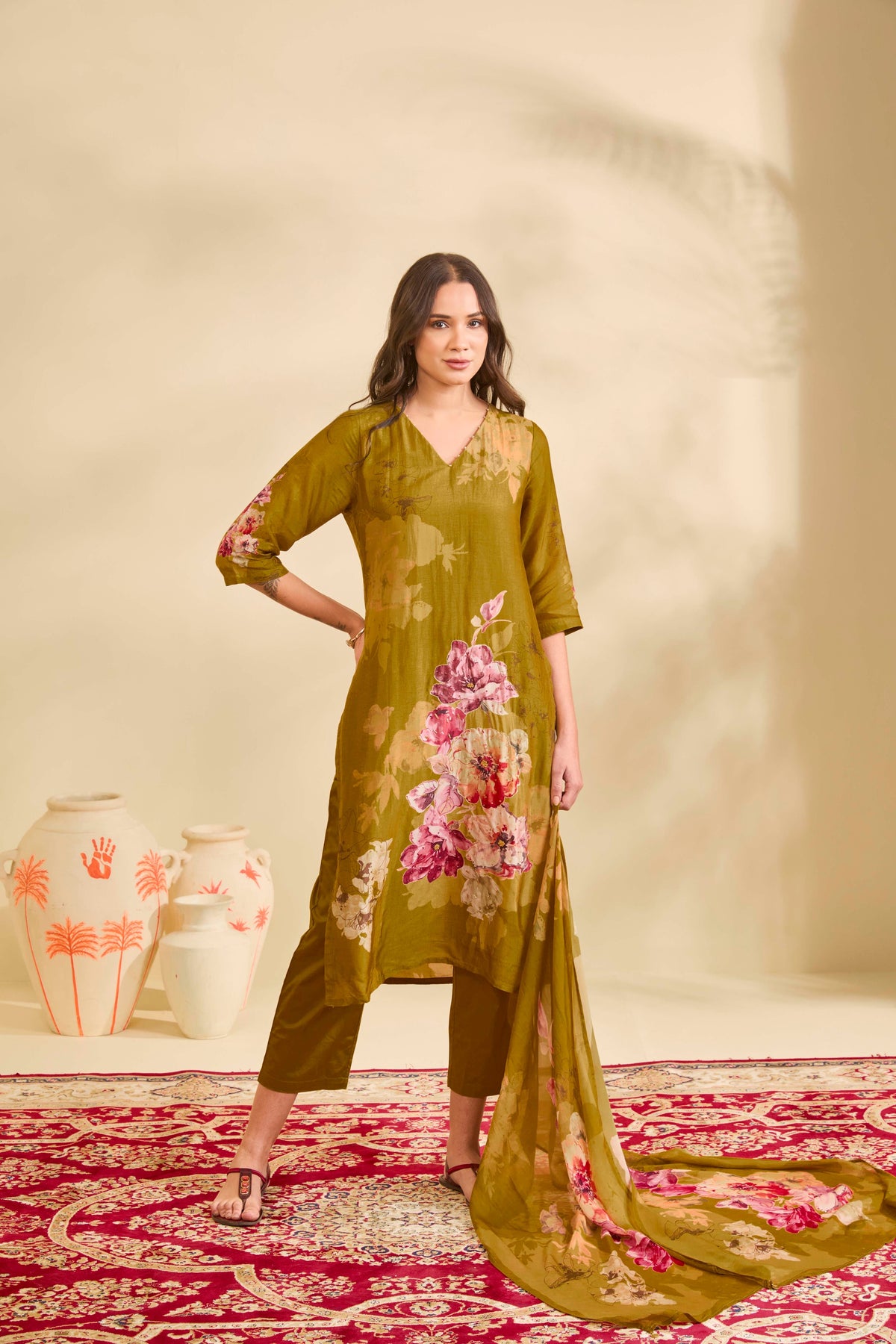 Olive Gold Muslin Kurta Set with Watercolor Floral Print