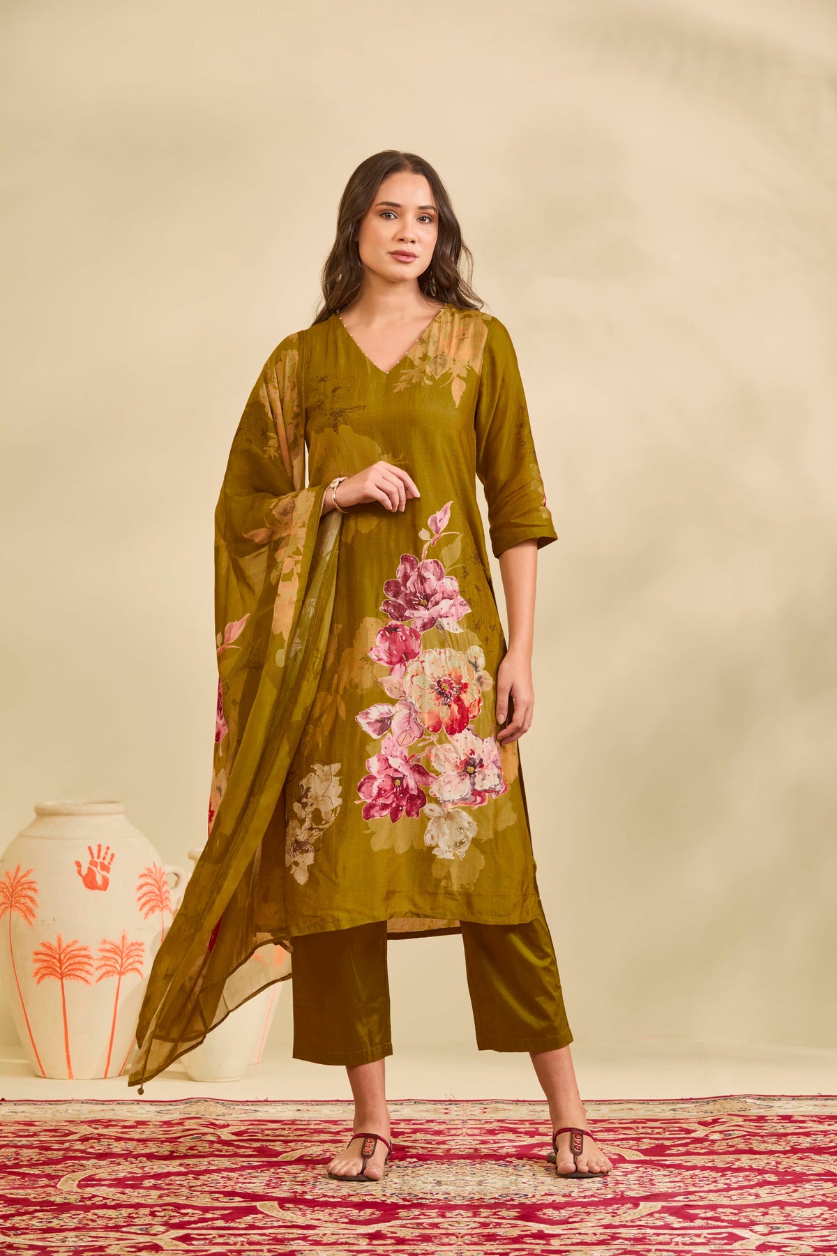 Olive Gold Muslin Kurta Set with Watercolor Floral Print