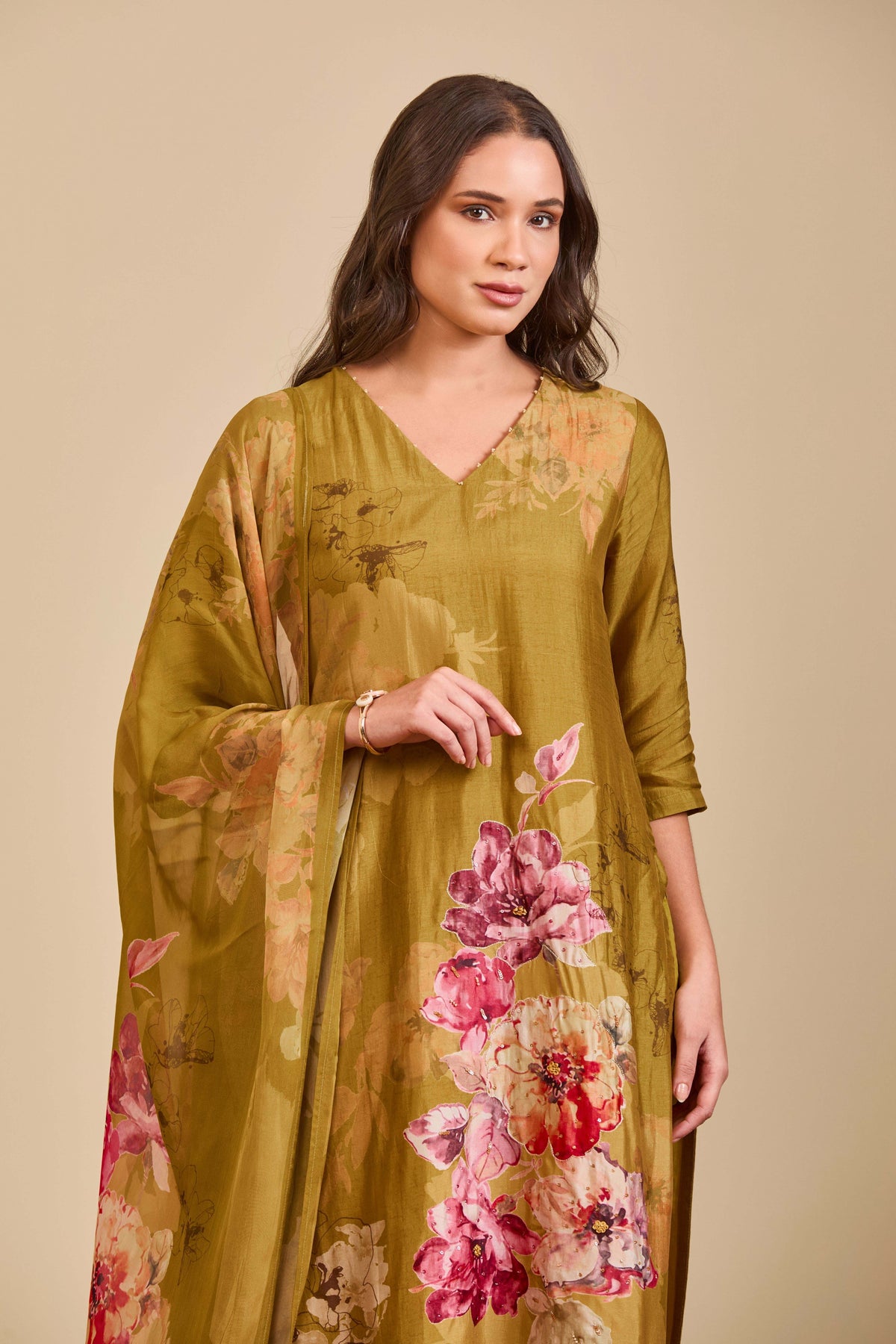 Olive Gold Muslin Kurta Set with Watercolor Floral Print