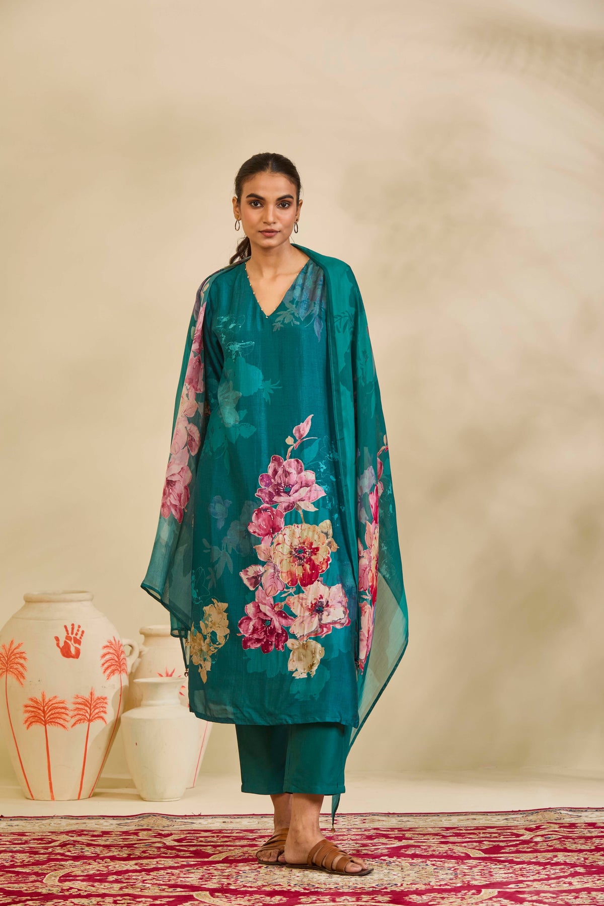 Teal Muslin Kurta Set with Watercolor Floral Print