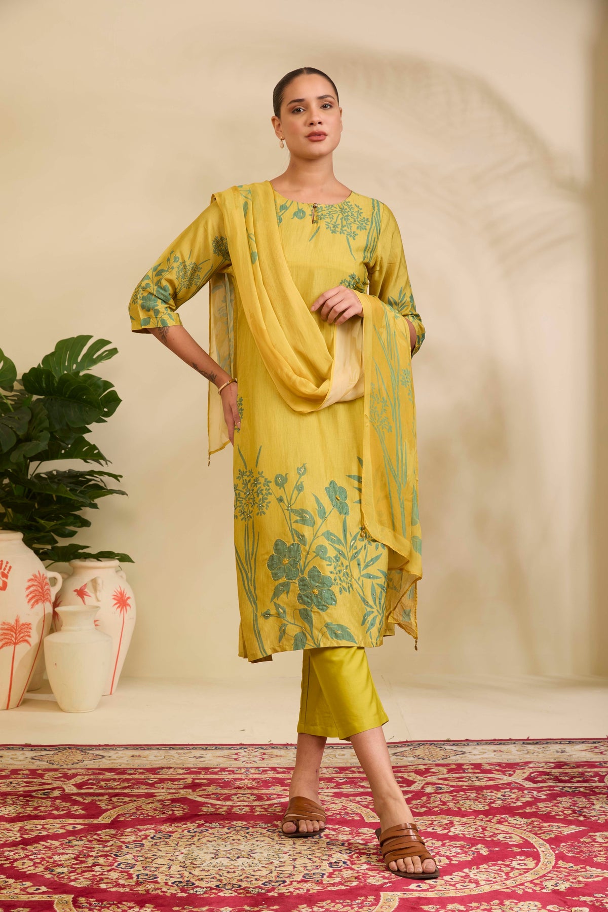 Chartreuse Yellow Muslin Kurta Set with Sage Floral Print
