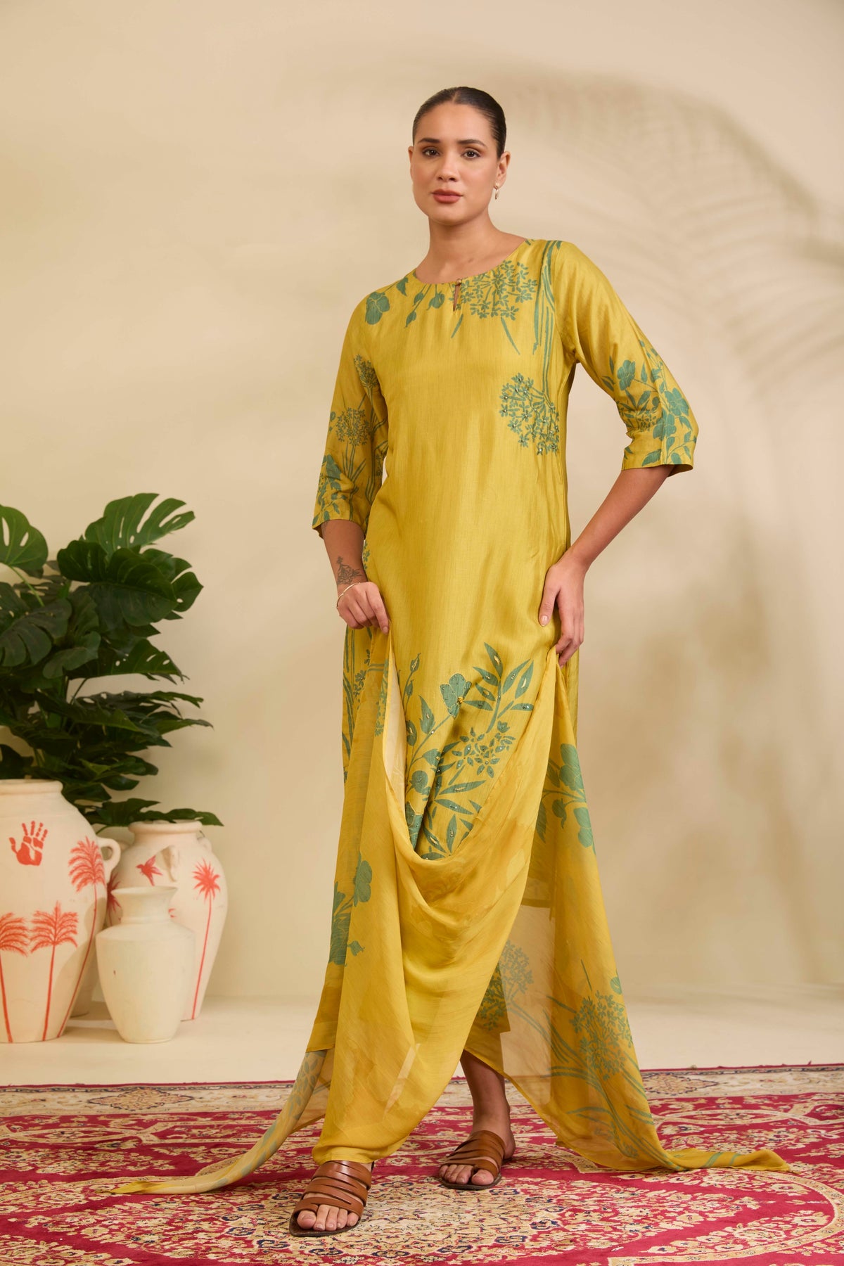 Chartreuse Yellow Muslin Kurta Set with Sage Floral Print