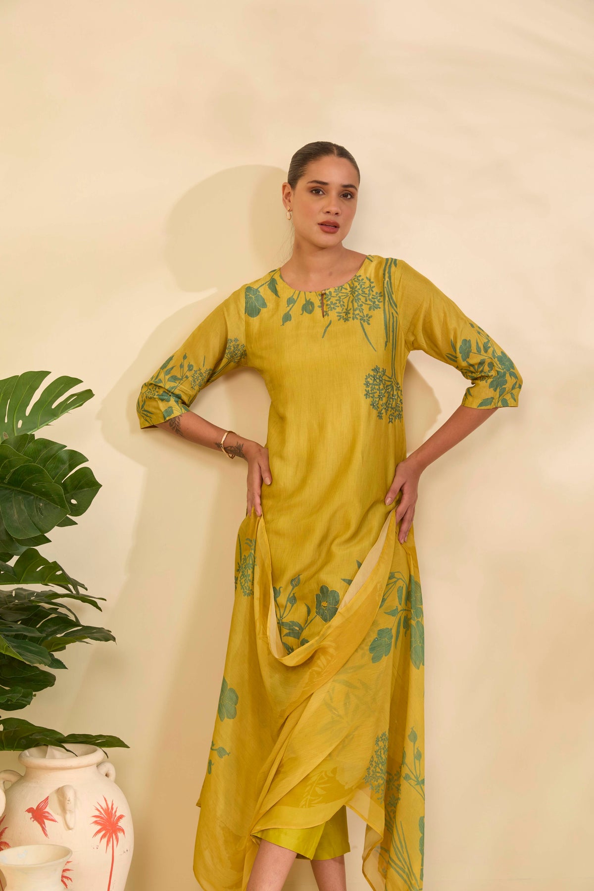 Chartreuse Yellow Muslin Kurta Set with Sage Floral Print