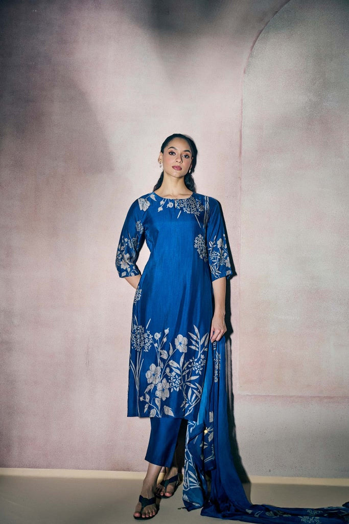 Cobalt Blue Muslin Kurta Set with Ivory Floral Print