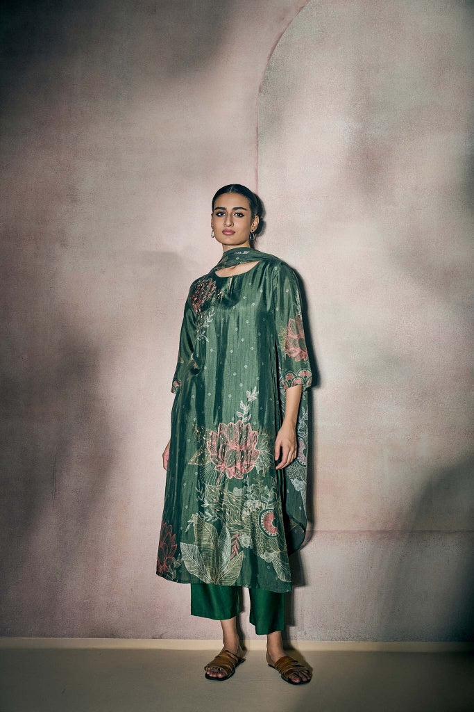 Forest Green Printed Kurta Set with Botanical Motif