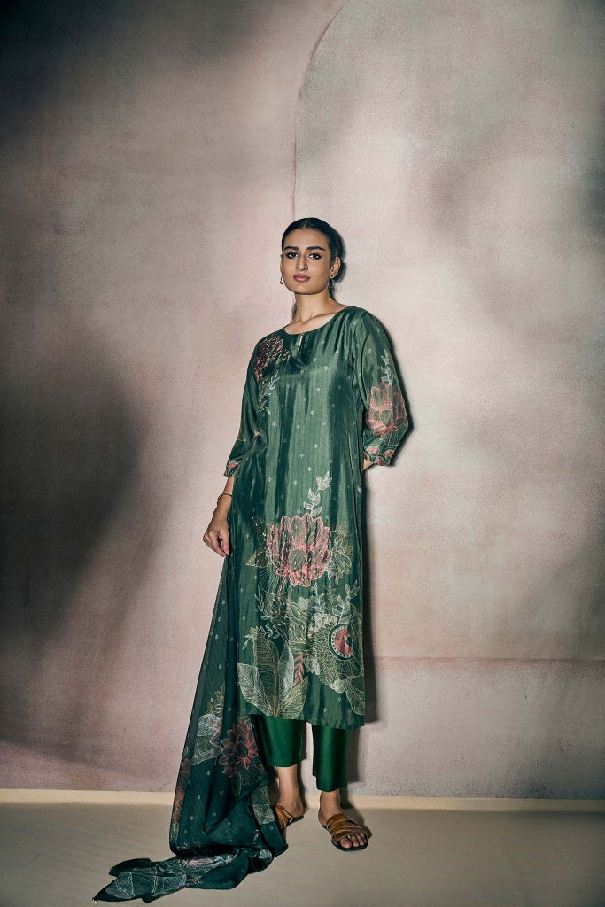 Forest Green Printed Kurta Set with Botanical Motif