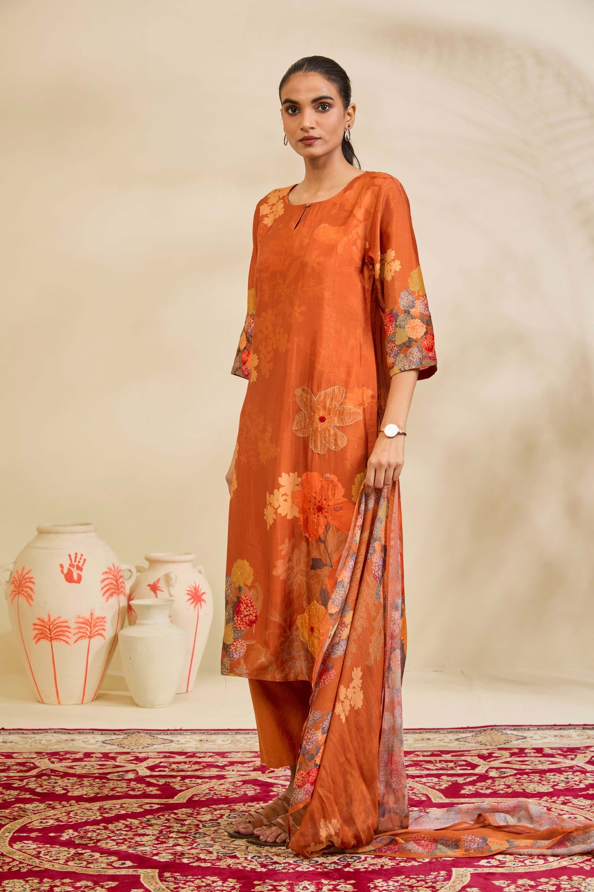 Burnt Orange Muslin Kurta Set with Floral Print and Embellishment