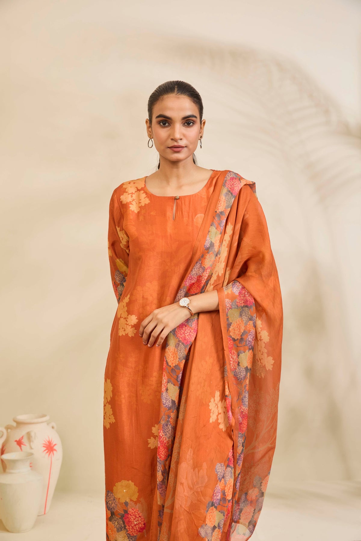 Burnt Orange Muslin Kurta Set with Floral Print and Embellishment