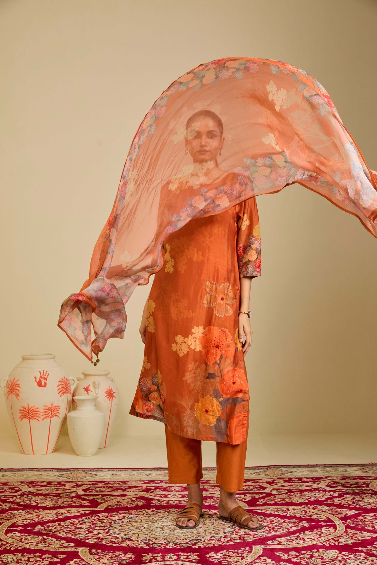Burnt Orange Muslin Kurta Set with Floral Print and Embellishment