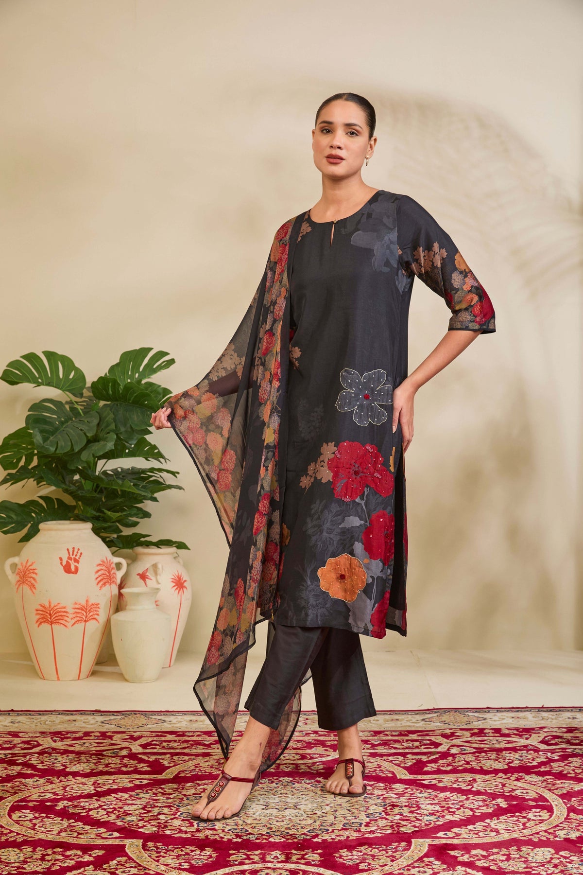 Charcoal Black Muslin Kurta Set with Floral Print and Embellishment